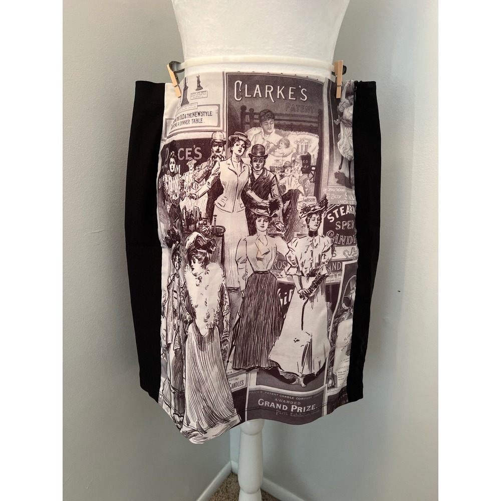 Clio Vintage Newsprint Victorian Graphic Pencil Skirt Black White Womens 14